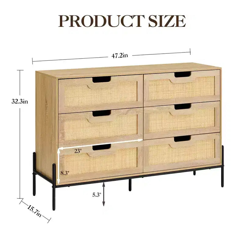 Commode en rotin naturel à 6 tiroirs, commode en bois, armoire de rangement de style ferme avec pieds en métal, commode moderne