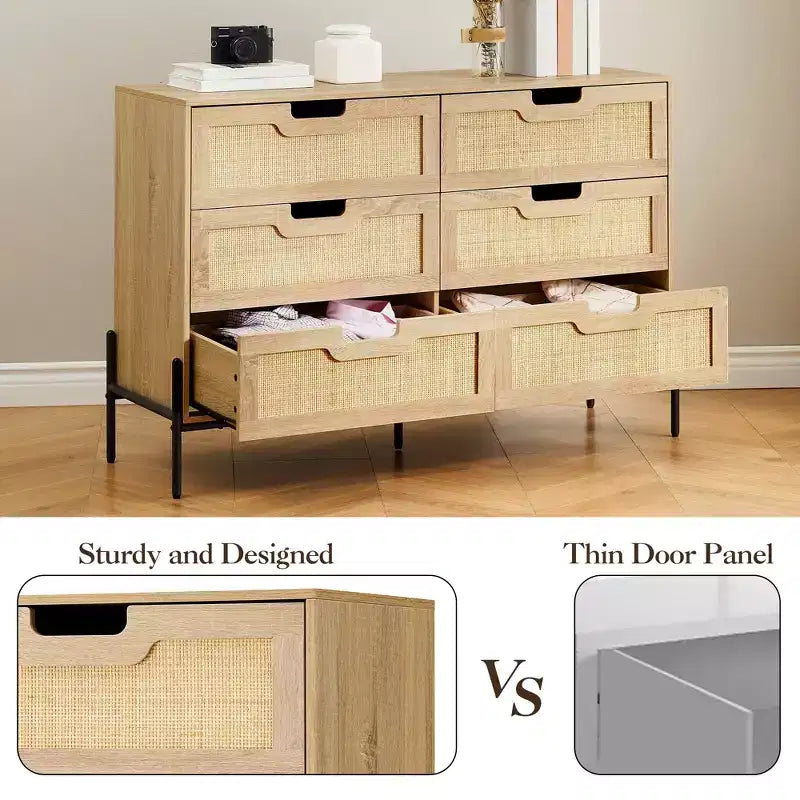 Commode en rotin naturel à 6 tiroirs, commode en bois, armoire de rangement de style ferme avec pieds en métal, commode moderne