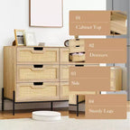 Commode en rotin naturel à 6 tiroirs, commode en bois, armoire de rangement de style ferme avec pieds en métal, commode moderne