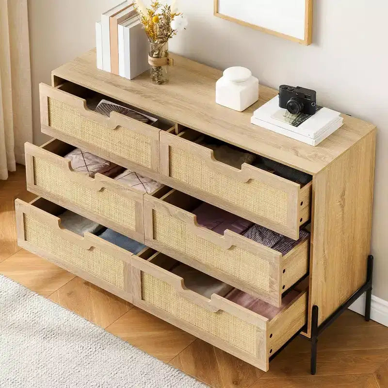 Commode en rotin naturel à 6 tiroirs, commode en bois, armoire de rangement de style ferme avec pieds en métal, commode moderne