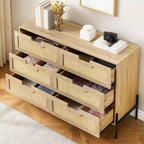 Commode en rotin naturel à 6 tiroirs, commode en bois, armoire de rangement de style ferme avec pieds en métal, commode moderne
