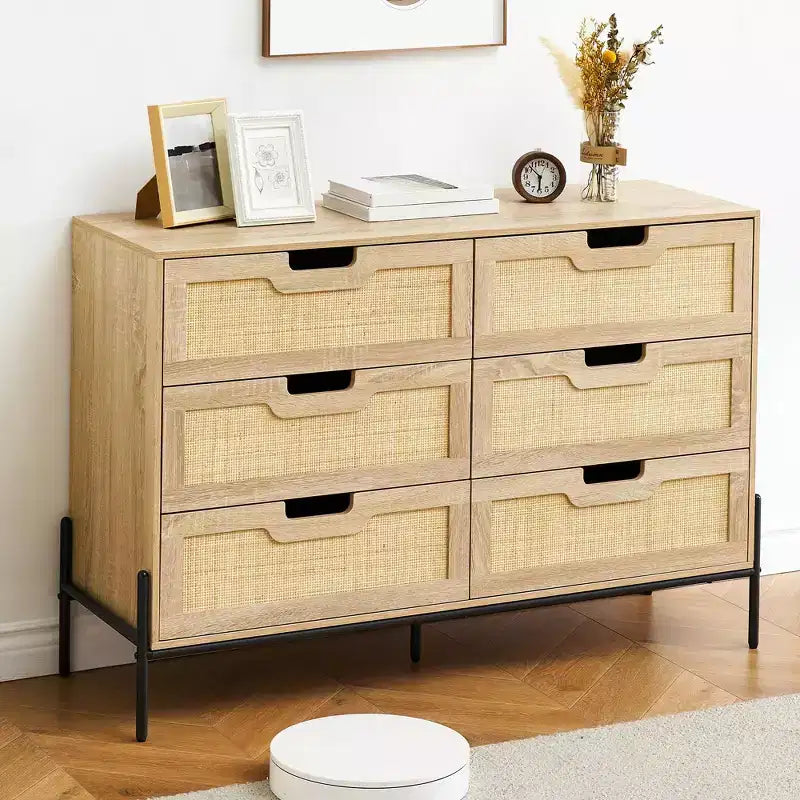 Commode en rotin naturel à 6 tiroirs, commode en bois, armoire de rangement de style ferme avec pieds en métal, commode moderne
