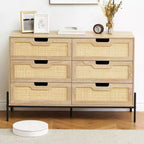 Commode en rotin naturel à 6 tiroirs, commode en bois, armoire de rangement de style ferme avec pieds en métal, commode moderne