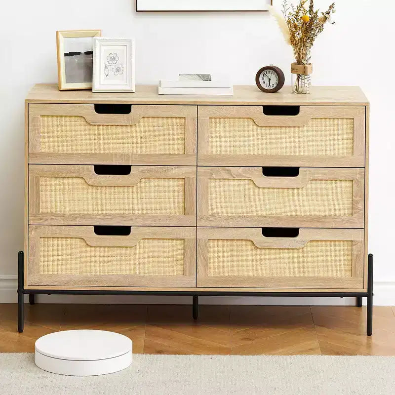 Commode en rotin naturel à 6 tiroirs, commode en bois, armoire de rangement de style ferme avec pieds en métal, commode moderne