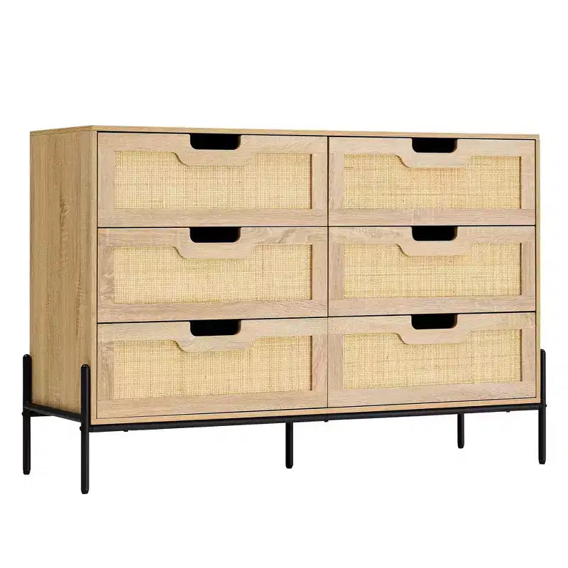 Commode en rotin naturel à 6 tiroirs, commode en bois, armoire de rangement de style ferme avec pieds en métal, commode moderne