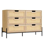 Commode en rotin naturel à 6 tiroirs, commode en bois, armoire de rangement de style ferme avec pieds en métal, commode moderne