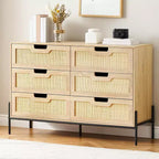 Natural Rattan 6 Drawer Dresser, Wooden Chest of Drawer, Farmhouse Storage Cabinet with Metal Legs, Modern Dresser