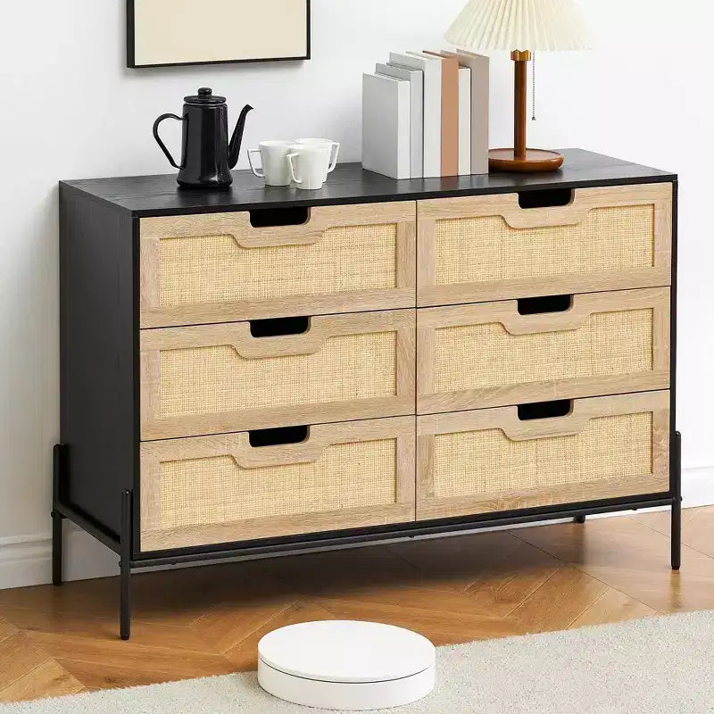 Commode en rotin naturel à 6 tiroirs, commode en bois, armoire de rangement de style ferme avec pieds en métal, commode moderne