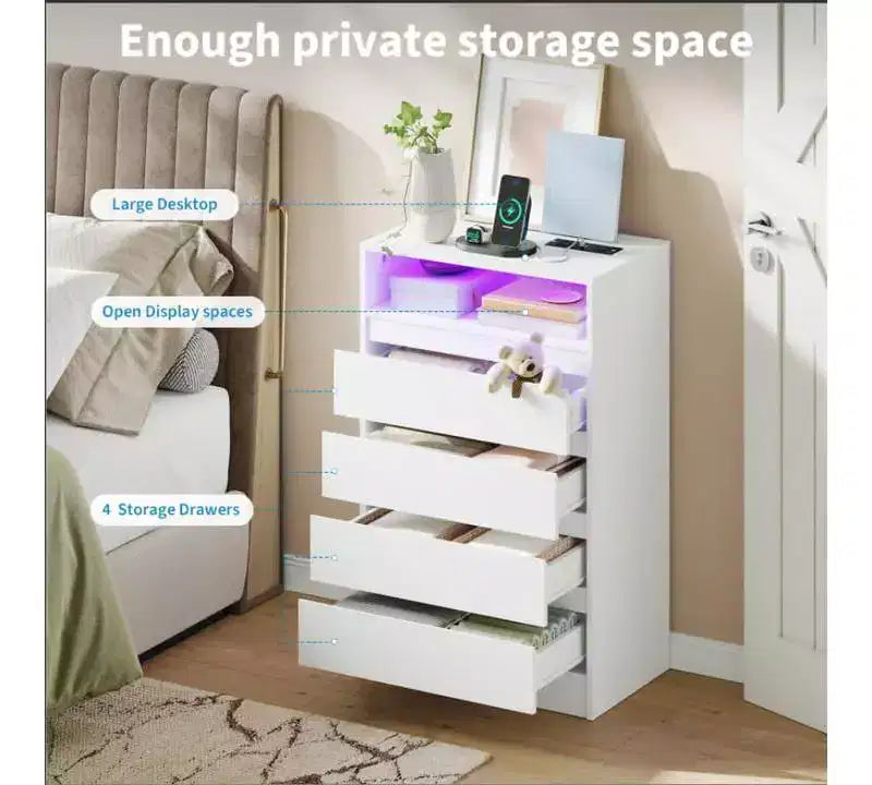 Commode double à 4 tiroirs avec prise de courant, commodes d'appoint avec lumière LED, commode de rangement blanche moderne avec station de charge, blanc