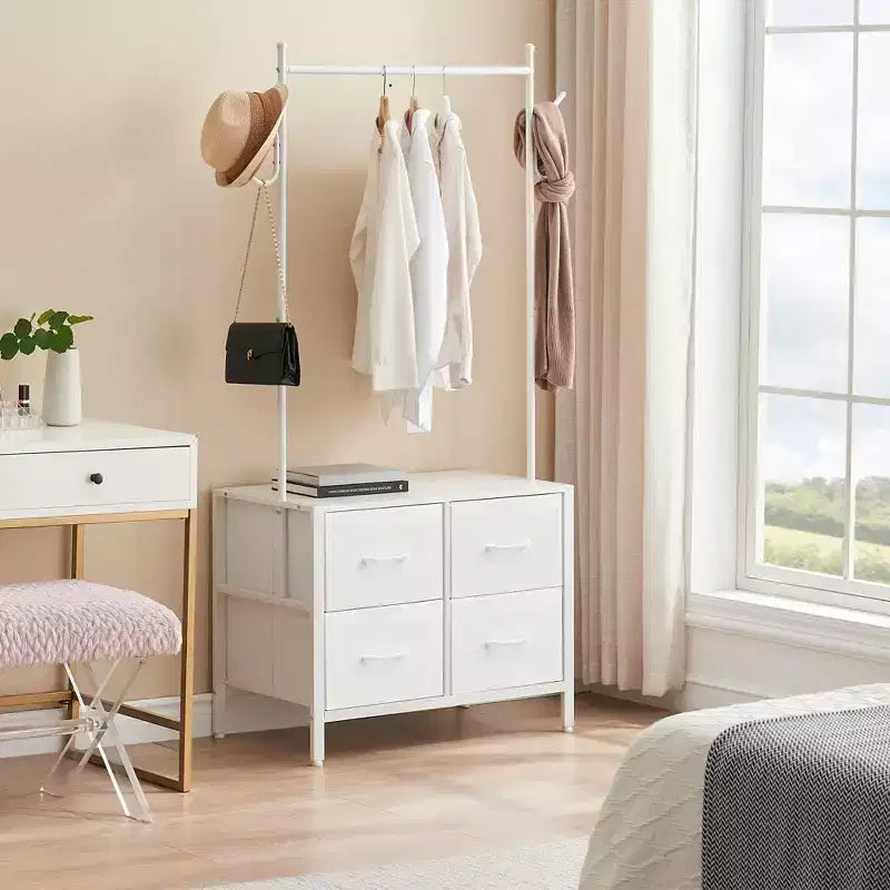 Portant à vêtements Zstar avec 4 tiroirs, Organisateur de placard autoportant, Commode à vêtements avec cadre en acier et plateau en bois