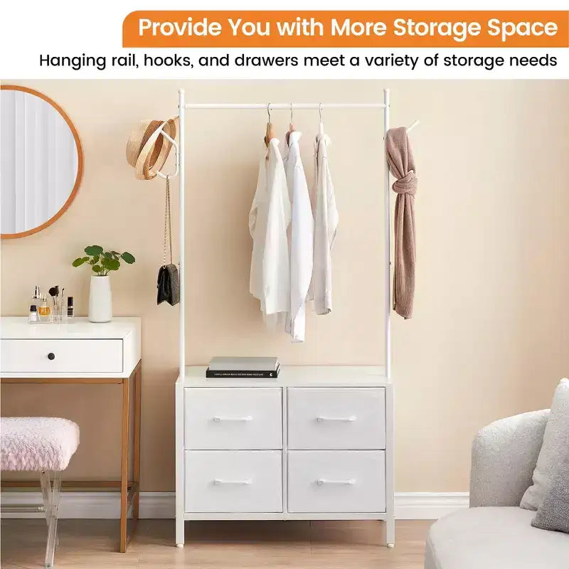 Portant à vêtements Zstar avec 4 tiroirs, Organisateur de placard autoportant, Commode à vêtements avec cadre en acier et plateau en bois