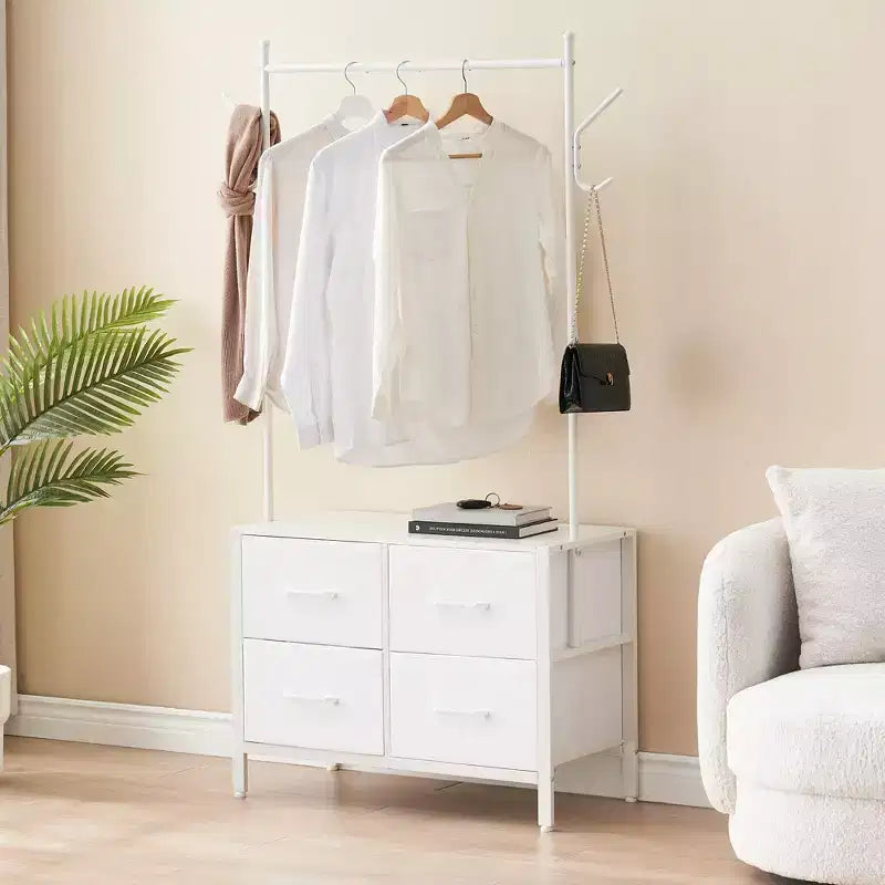 Portant à vêtements Zstar avec 4 tiroirs, Organisateur de placard autoportant, Commode à vêtements avec cadre en acier et plateau en bois