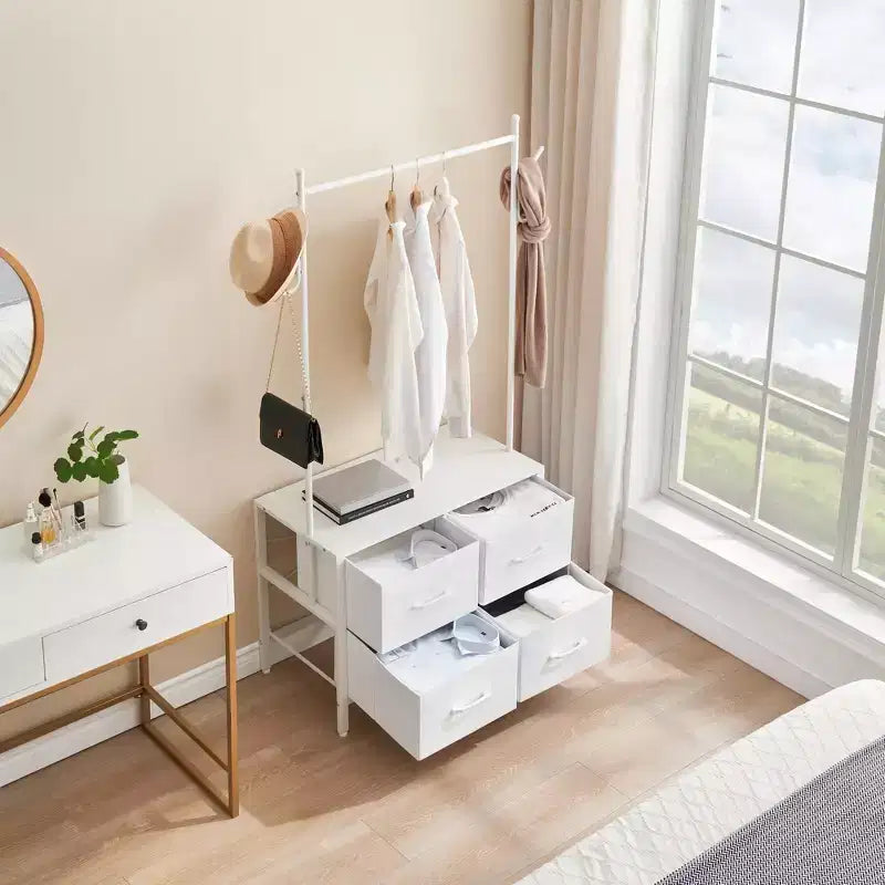 Portant à vêtements Zstar avec 4 tiroirs, Organisateur de placard autoportant, Commode à vêtements avec cadre en acier et plateau en bois