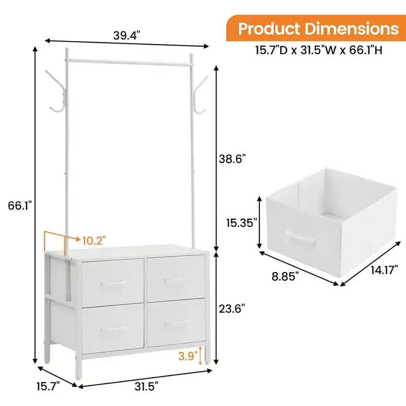 Portant à vêtements Zstar avec 4 tiroirs, Organisateur de placard autoportant, Commode à vêtements avec cadre en acier et plateau en bois