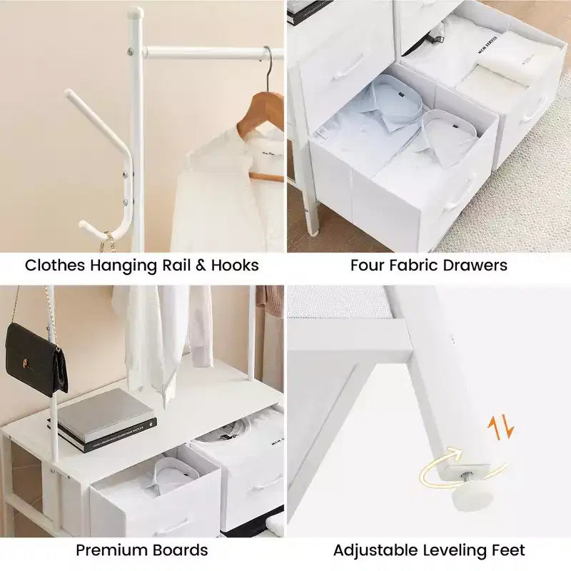 Portant à vêtements Zstar avec 4 tiroirs, Organisateur de placard autoportant, Commode à vêtements avec cadre en acier et plateau en bois