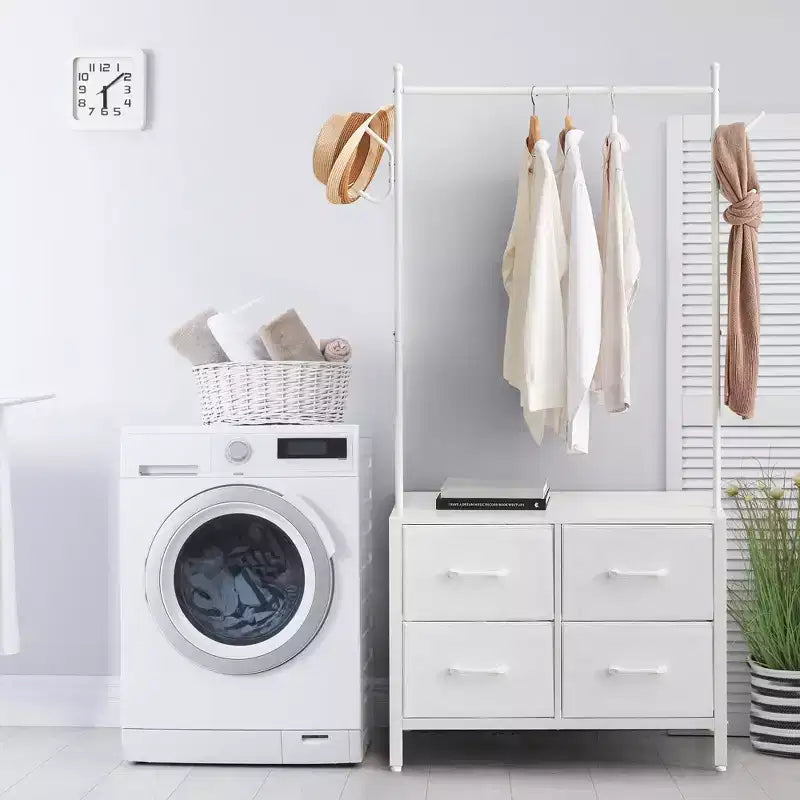 Portant à vêtements Zstar avec 4 tiroirs, Organisateur de placard autoportant, Commode à vêtements avec cadre en acier et plateau en bois