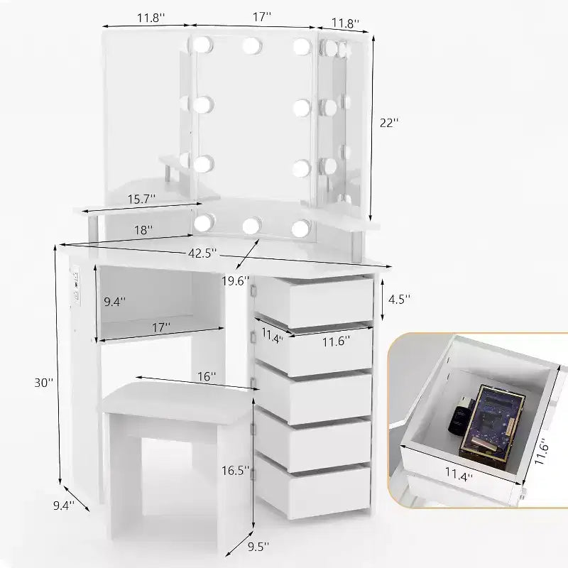 Coiffeuse de maquillage - Ensemble de coiffeuse avec lumières et prise de courant, coiffeuse d'angle avec 5 tiroirs rotatifs, 3 modes d'éclairage