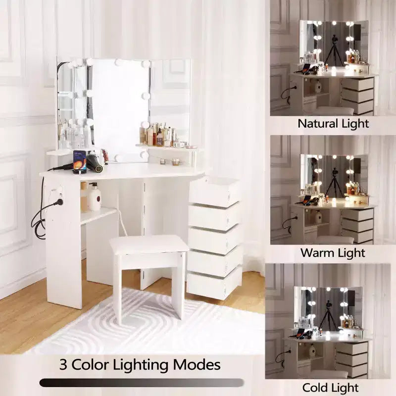 Coiffeuse de maquillage - Ensemble de coiffeuse avec lumières et prise de courant, coiffeuse d'angle avec 5 tiroirs rotatifs, 3 modes d'éclairage