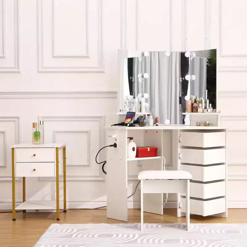 Coiffeuse de maquillage - Ensemble de coiffeuse avec lumières et prise de courant, coiffeuse d'angle avec 5 tiroirs rotatifs, 3 modes d'éclairage