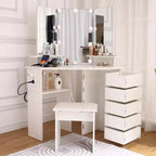 Coiffeuse de maquillage - Ensemble de coiffeuse avec lumières et prise de courant, coiffeuse d'angle avec 5 tiroirs rotatifs, 3 modes d'éclairage