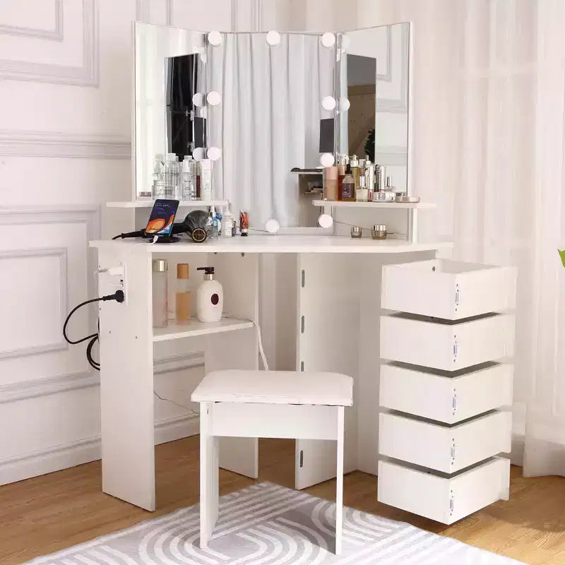 Coiffeuse de maquillage - Ensemble de coiffeuse avec lumières et prise de courant, coiffeuse d'angle avec 5 tiroirs rotatifs, 3 modes d'éclairage