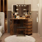 Makeup Vanity Desk - Vanity Desk Set with Lights & Power Outlet Corner Vanity Table with 5 Rotating Drawers 3 Lighting Mode
