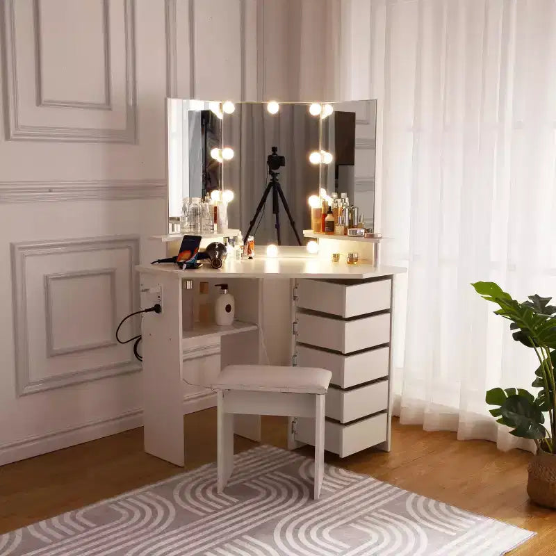 Coiffeuse de maquillage - Ensemble de coiffeuse avec lumières et prise de courant, coiffeuse d'angle avec 5 tiroirs rotatifs, 3 modes d'éclairage