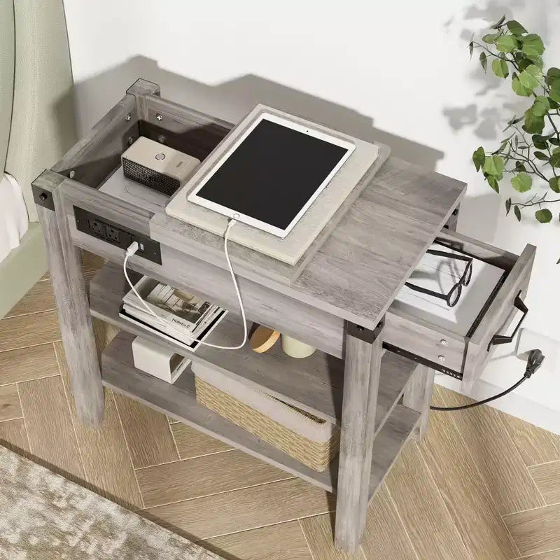 Table d'appoint Acekool avec plateau relevable, tiroir de rangement, ports USB et prises, table d'appoint avec étagères et sac de rangement pour petits espaces
