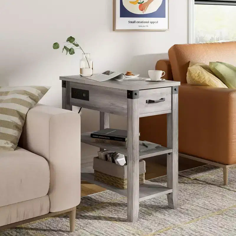 Table d'appoint Acekool avec plateau relevable, tiroir de rangement, ports USB et prises, table d'appoint avec étagères et sac de rangement pour petits espaces