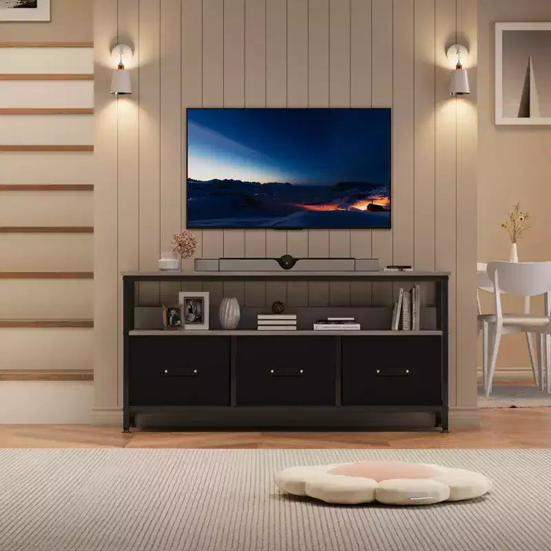Meuble TV de 55 pouces pour salon, meuble TV avec 3 tiroirs, centre de divertissement compact avec solutions de rangement