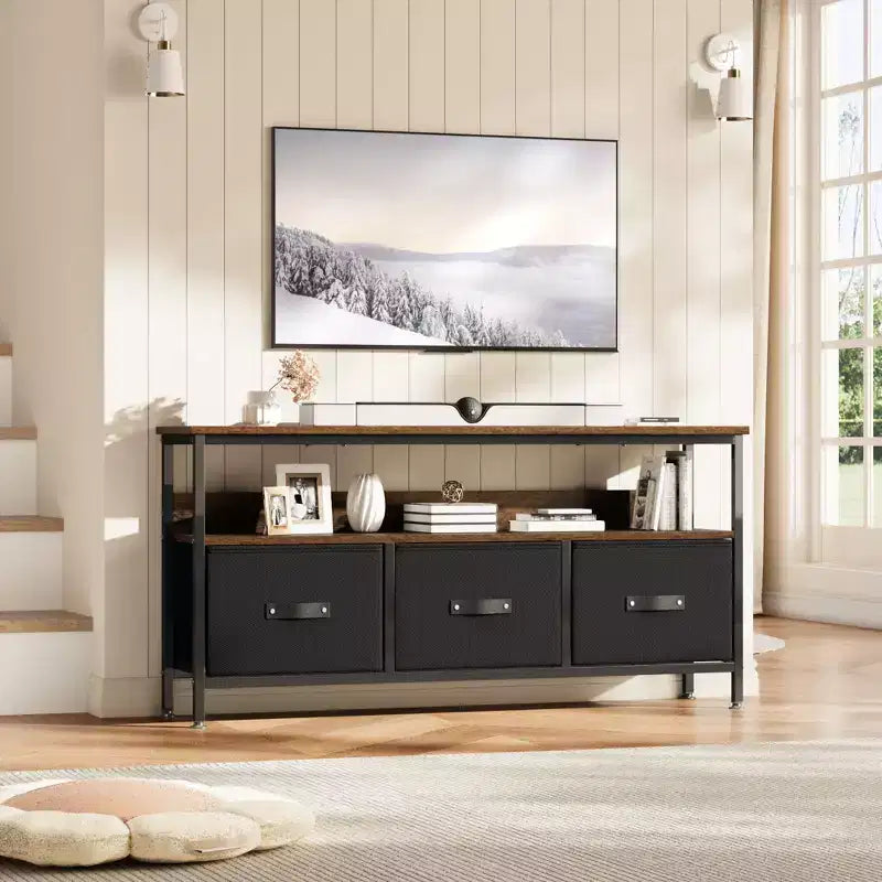Meuble TV de 55 pouces pour salon, meuble TV avec 3 tiroirs, centre de divertissement compact avec solutions de rangement
