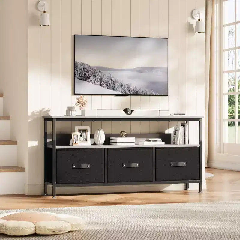 Meuble TV de 55 pouces pour salon, meuble TV avec 3 tiroirs, centre de divertissement compact avec solutions de rangement