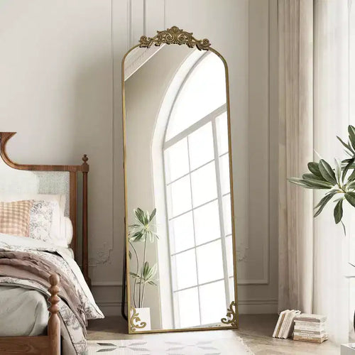 Miroir arqué pleine longueur 65x22, en métal, style baroque, couleur bronze
