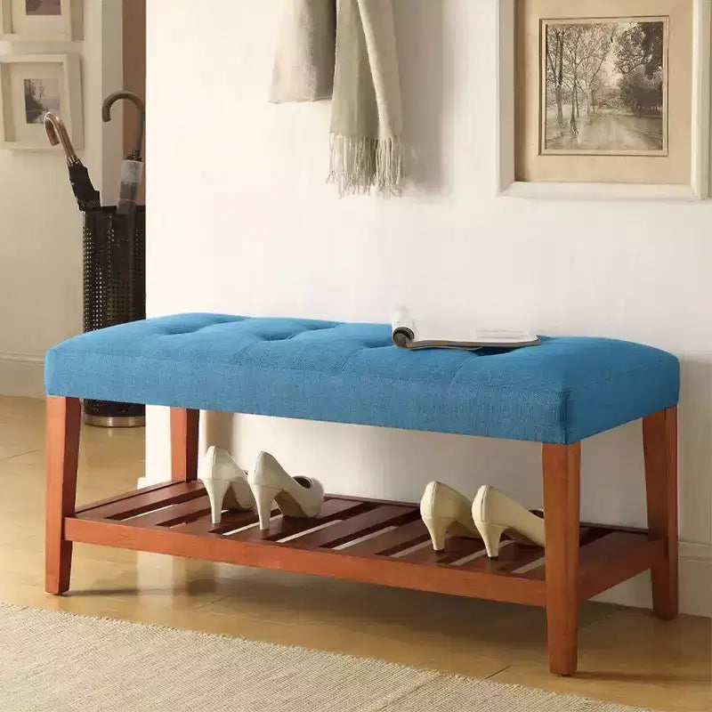 Banc ottoman Okak Modern à 2 niveaux, capitonné, avec étagère de rangement ouverte, banc de rangement rembourré pour l'entrée, le salon