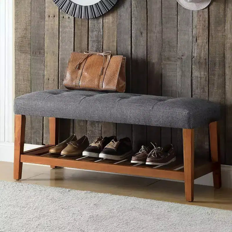 Banc ottoman Okak Modern à 2 niveaux, capitonné, avec étagère de rangement ouverte, banc de rangement rembourré pour l'entrée, le salon