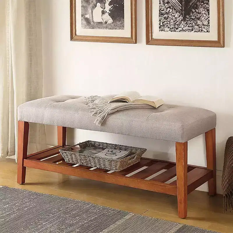 Banc ottoman Okak Modern à 2 niveaux, capitonné, avec étagère de rangement ouverte, banc de rangement rembourré pour l'entrée, le salon