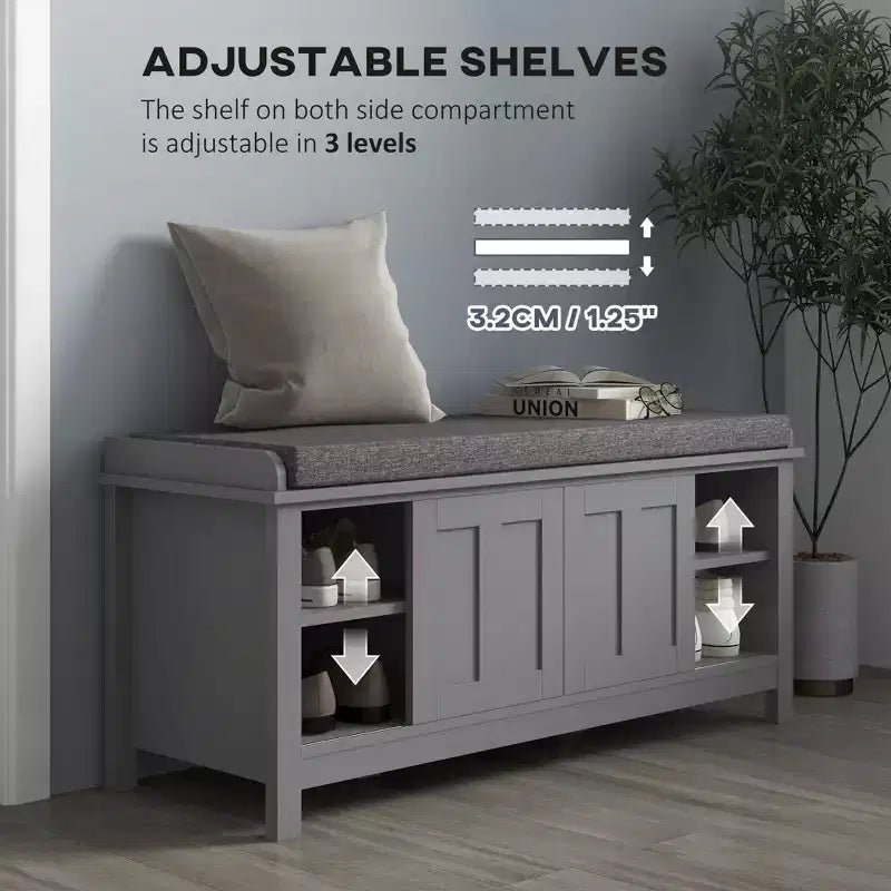 Banc de rangement fonctionnel Okak moderne avec portes coulissantes façon grange, banc à chaussures avec coussin en lin pour chambre à coucher, entrée