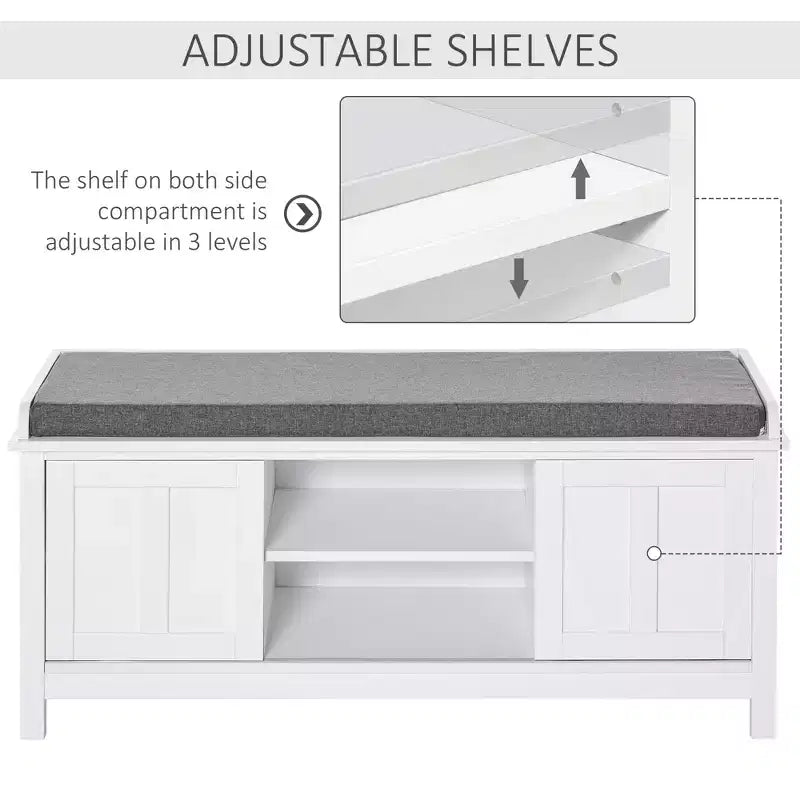 Banc de rangement fonctionnel Okak moderne avec portes coulissantes façon grange, banc à chaussures avec coussin en lin pour chambre à coucher, entrée