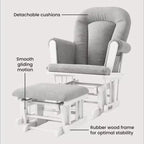 Fauteuil à bascule planant Child Craft Tranquil avec ottoman, coussin rembourré avec poches de rangement, base et cadre en bois massif (cadre blanc mat, coussin gris clair)