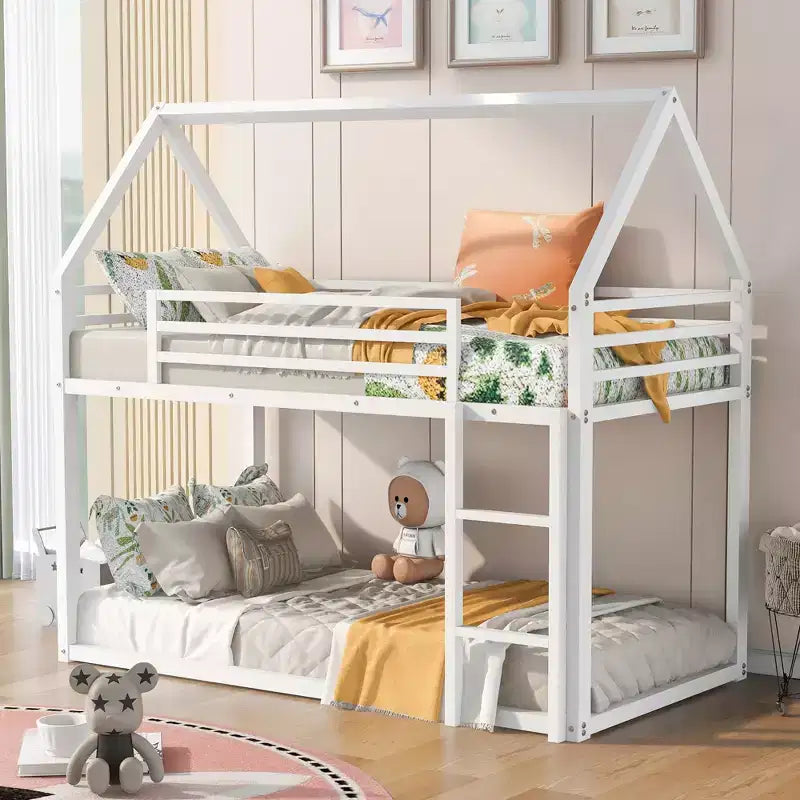 Lit superposé maison jumeau sur jumeau avec échelle/toboggan intégré, cadre en métal, pas besoin de sommier tapissier, blanc/noir - ModernLuxe