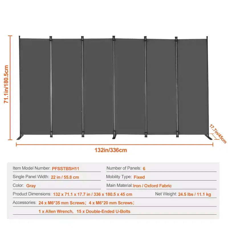 VEVOR Paravent 6 Panneaux, Séparateur de Pièce Pliant et Cloison Amovible Portable pour la Séparation des Pièces, Gris