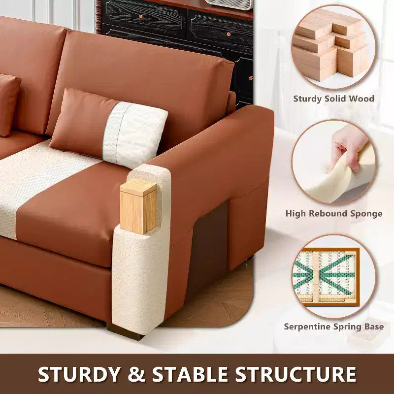 Canapé d'angle en cuir Mid-Century Modern ATJafurn, Canapé en cuir véritable orange avec pieds en métal, 2 oreillers, Assise profonde pour salon