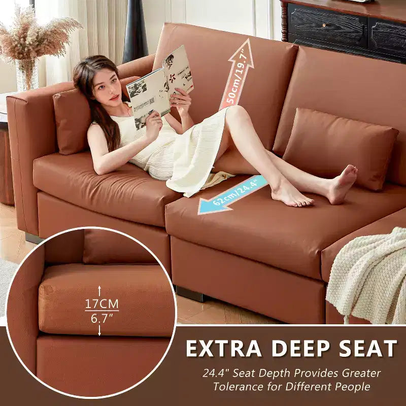Canapé d'angle en cuir Mid-Century Modern ATJafurn, Canapé en cuir véritable orange avec pieds en métal, 2 oreillers, Assise profonde pour salon
