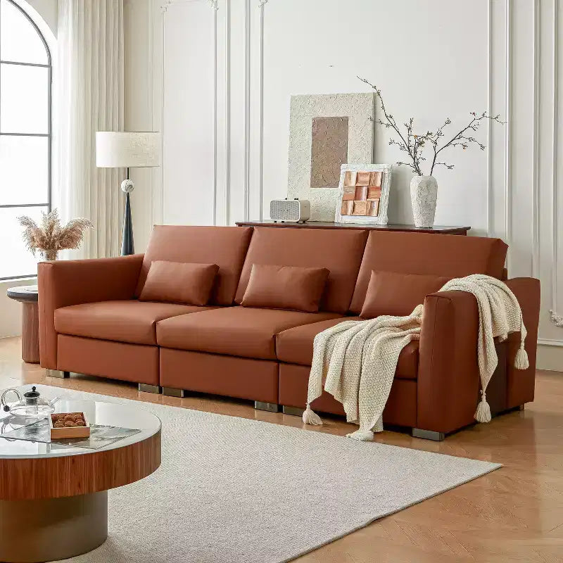 Canapé d'angle en cuir Mid-Century Modern ATJafurn, Canapé en cuir véritable orange avec pieds en métal, 2 oreillers, Assise profonde pour salon