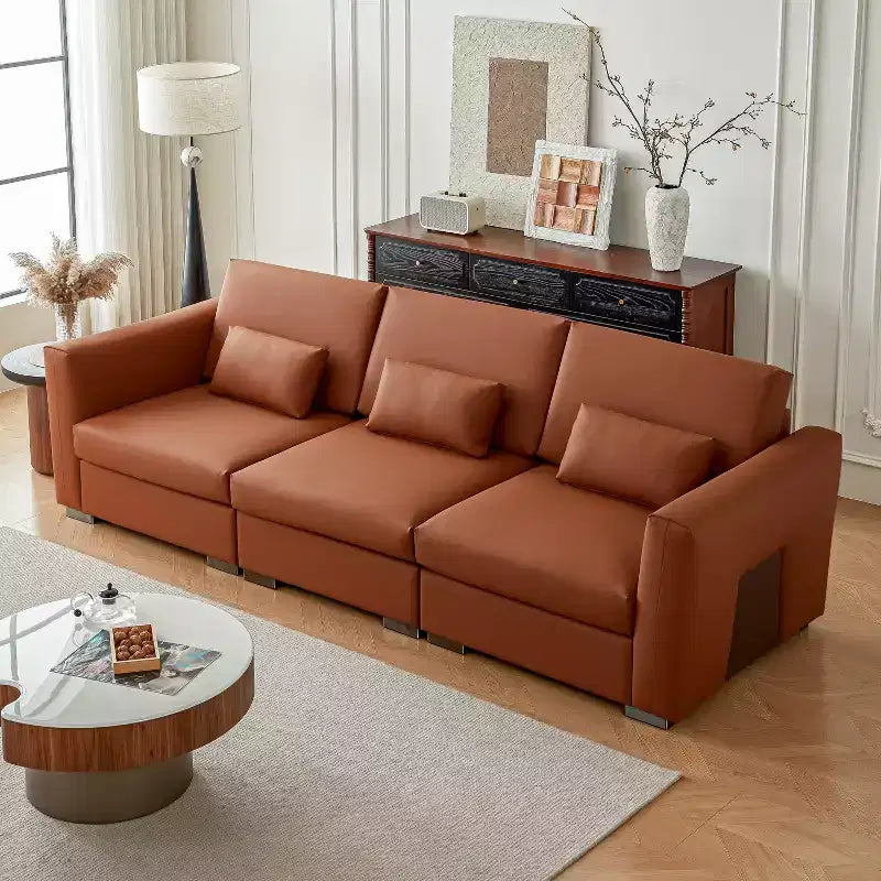 Canapé d'angle en cuir Mid-Century Modern ATJafurn, Canapé en cuir véritable orange avec pieds en métal, 2 oreillers, Assise profonde pour salon