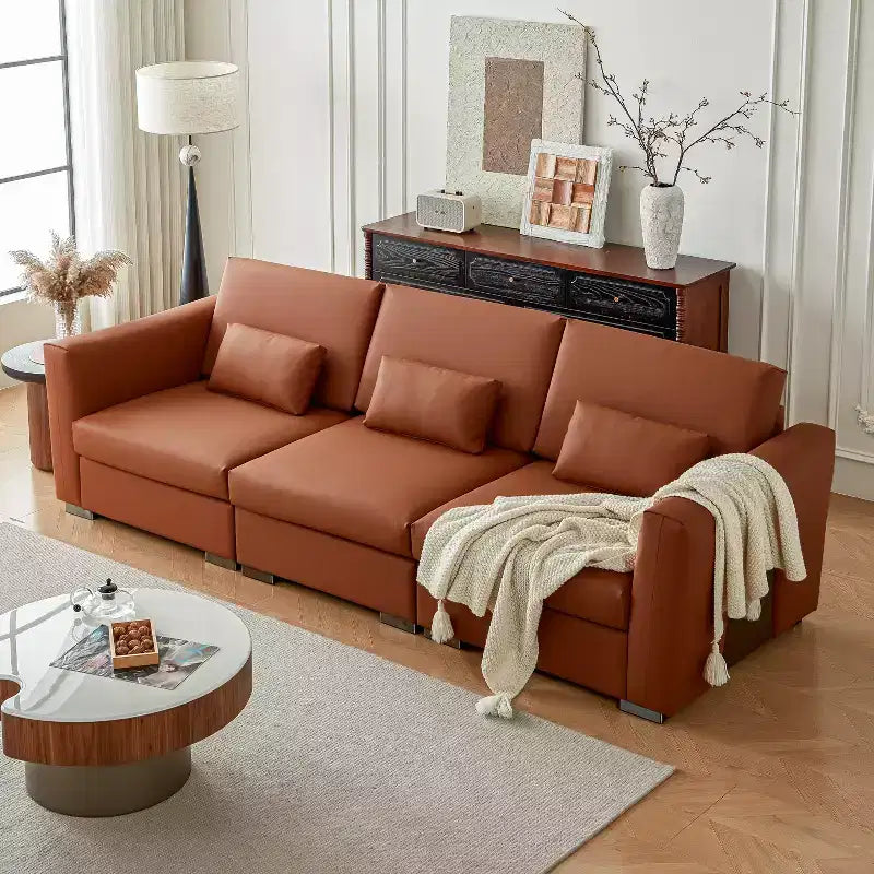 Canapé d'angle en cuir Mid-Century Modern ATJafurn, Canapé en cuir véritable orange avec pieds en métal, 2 oreillers, Assise profonde pour salon