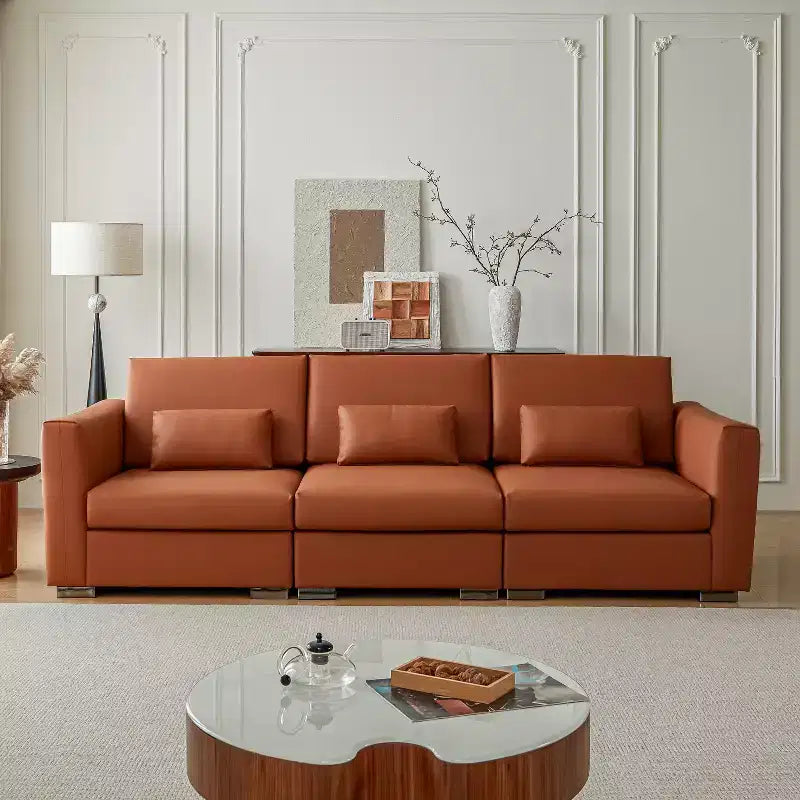 Canapé d'angle en cuir Mid-Century Modern ATJafurn, Canapé en cuir véritable orange avec pieds en métal, 2 oreillers, Assise profonde pour salon