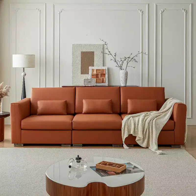 Canapé d'angle en cuir Mid-Century Modern ATJafurn, Canapé en cuir véritable orange avec pieds en métal, 2 oreillers, Assise profonde pour salon