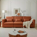 Canapé d'angle en cuir Mid-Century Modern ATJafurn, Canapé en cuir véritable orange avec pieds en métal, 2 oreillers, Assise profonde pour salon
