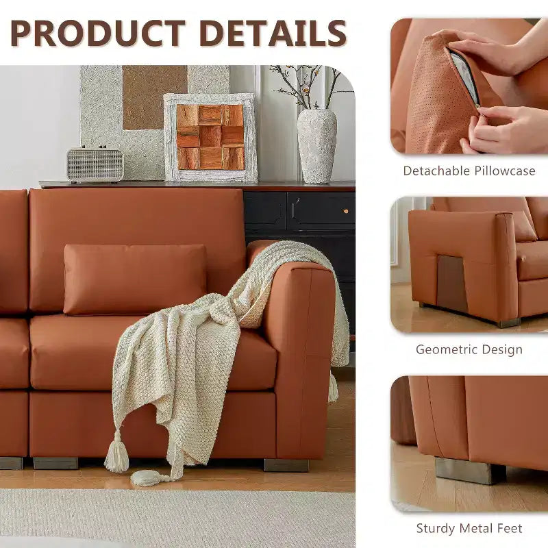 Canapé d'angle en cuir Mid-Century Modern ATJafurn, Canapé en cuir véritable orange avec pieds en métal, 2 oreillers, Assise profonde pour salon